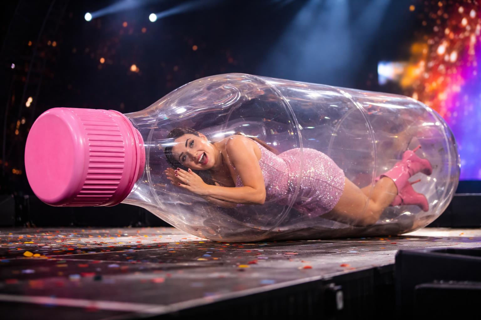 Redaktionelle Szene zum Thema „Katy Perry bleibt bei Konzert in Malta kurzzeitig in Riesenflasche stecken“