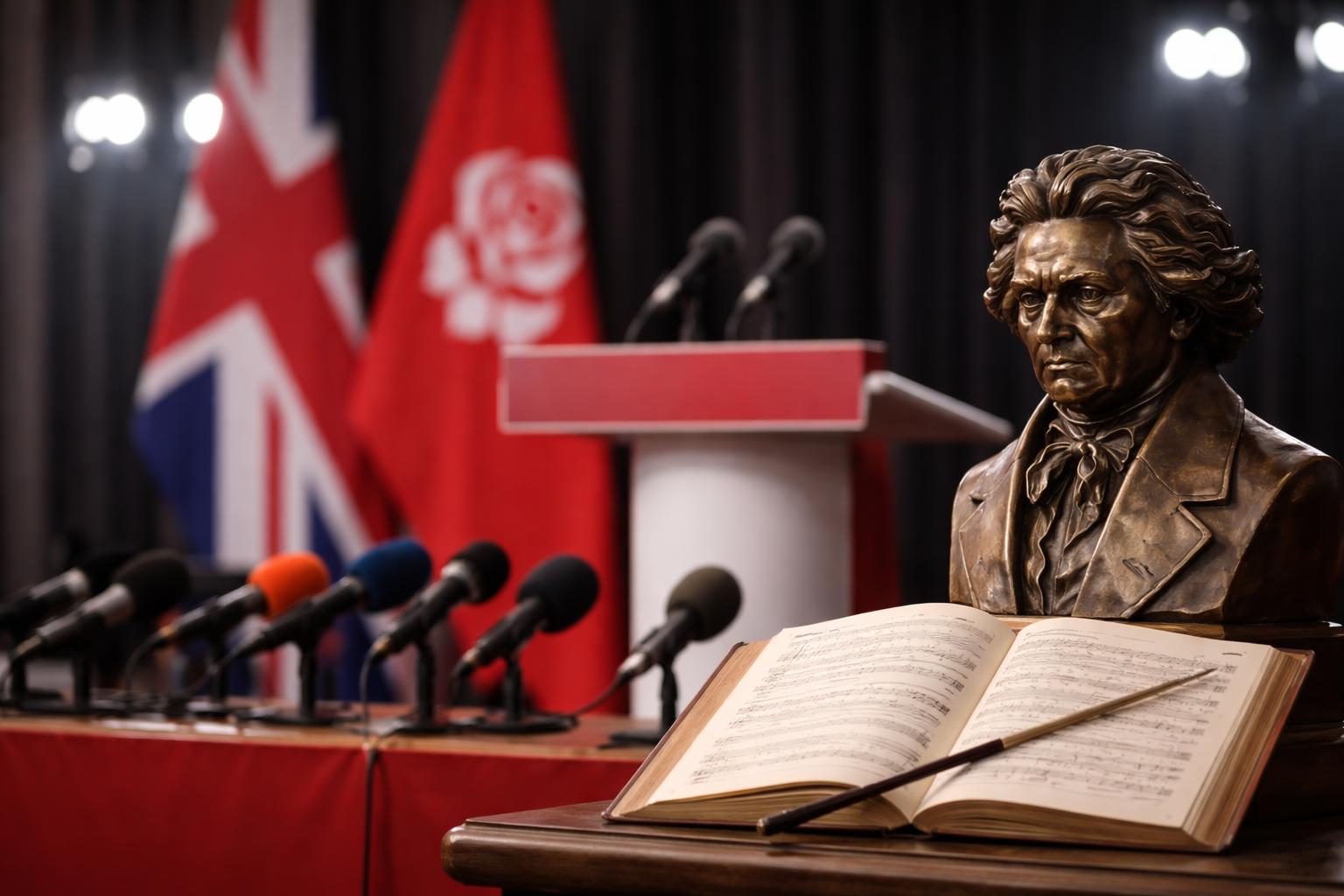 Redaktionelle Szene zum Thema „Keir Starmer tritt als Labour-Chef zurück – Rede von Beethoven übertönt“