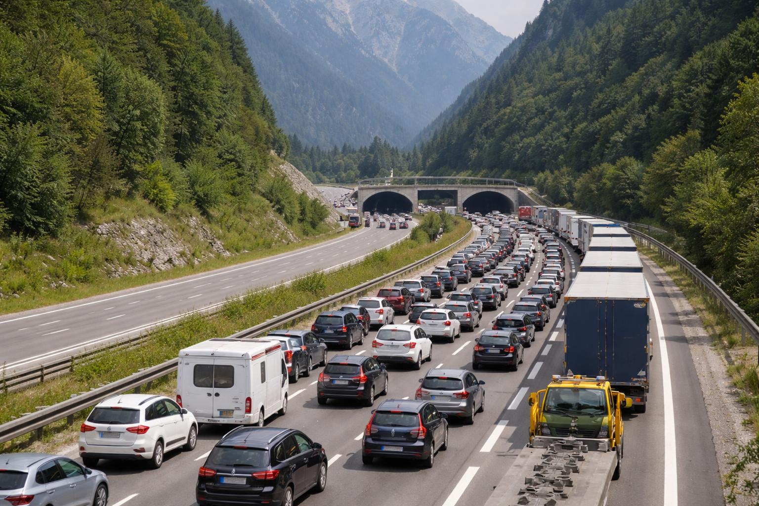 Redaktionelle Szene zum Thema „Kilometerlanger Stau im Kanaltal bremst Rückreiseverkehr nach Österreich“