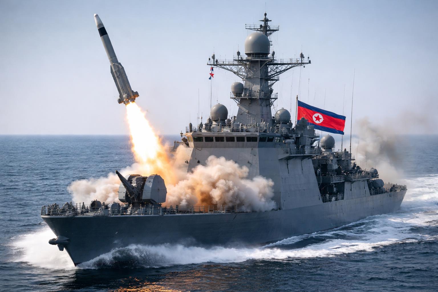 Redaktionelle Szene zum Thema „Kim überwacht Waffentests auf neuem Marinezerstörer“