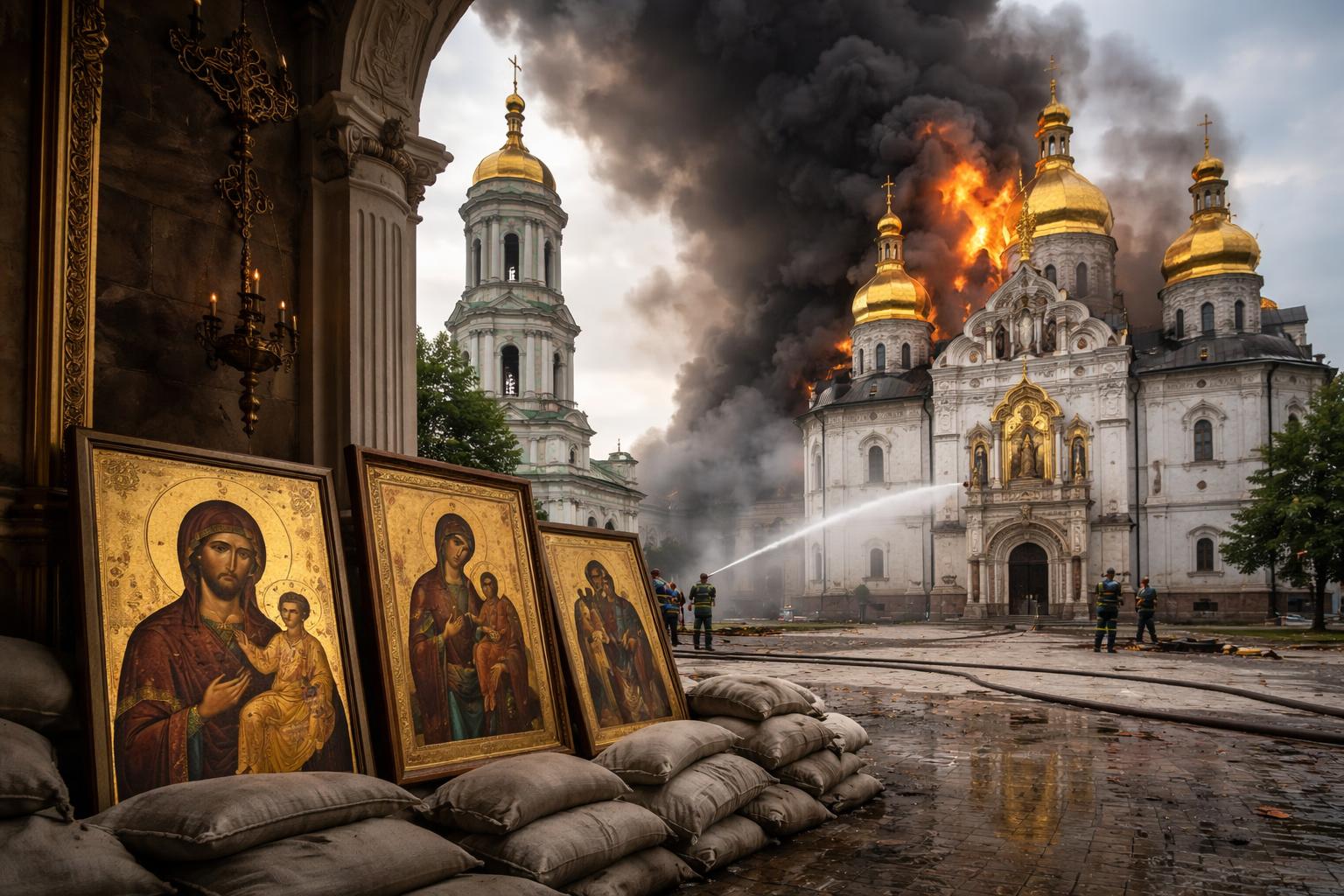 Redaktionelle Szene zum Thema „Klosteranlage in Kiew nach russischem Angriff in Brand, Ikonen in Sicherheit“