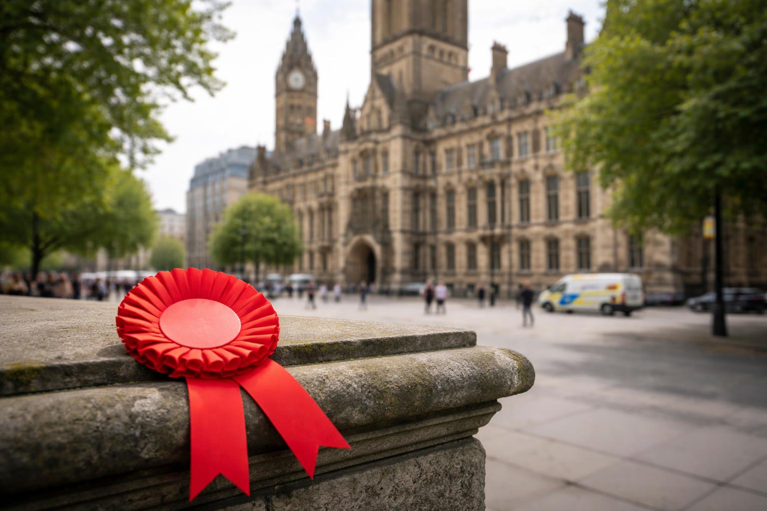 Redaktionelle Szene zum Thema „Labour hält Bürgermeisteramt in Manchester“