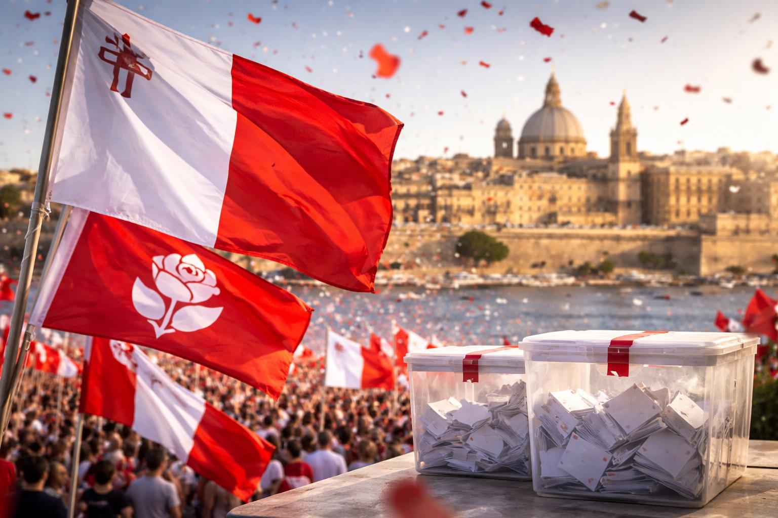 Redaktionelle Szene zum Thema „Labour-Partei gewinnt vorgezogene Parlamentswahl auf Malta“