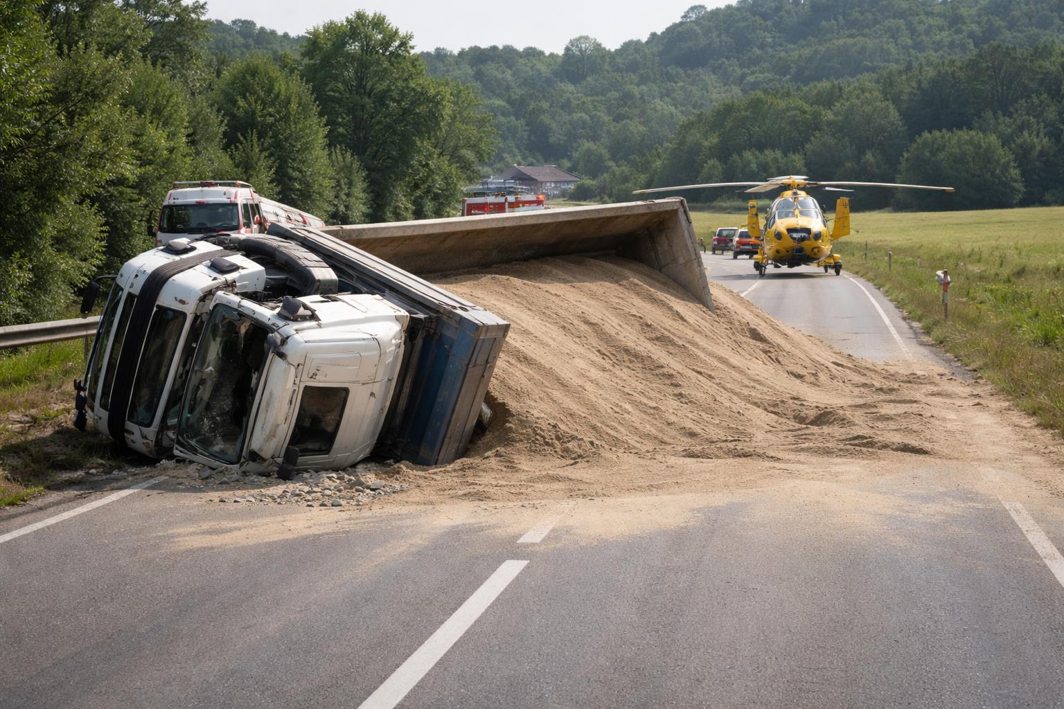 Redaktionelle Szene zum Thema „Lkw kippt in Auerbach um – Fahrer schwer verletzt, Sand auf Fahrbahn verteilt“