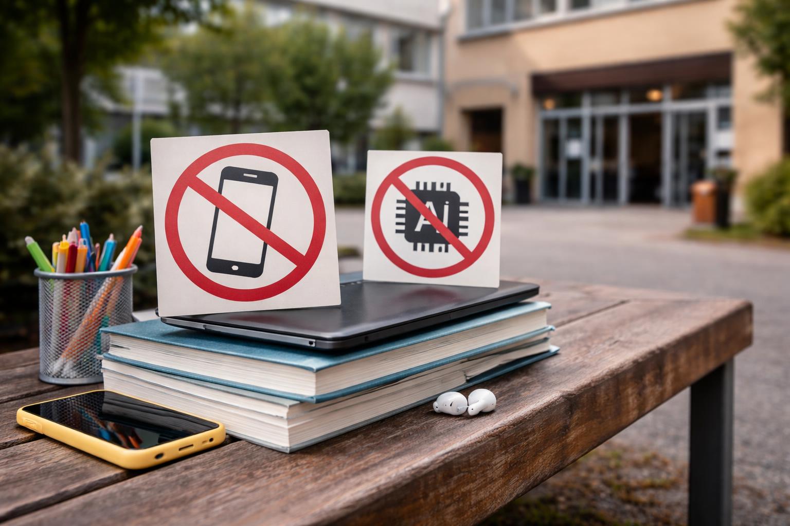 Redaktionelle Szene zum Thema „Mehrheit für Handyverbot, aber Skepsis gegenüber KI-Bann an Schulen“