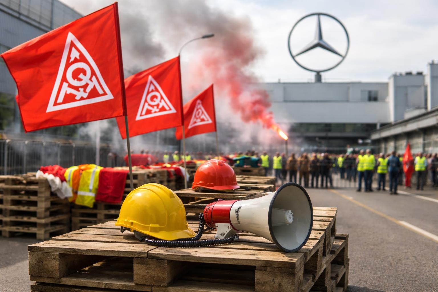 Redaktionelle Szene zum Thema „Mercedes-Beschäftigte protestieren gegen Sparkurs und längere Arbeitszeiten“