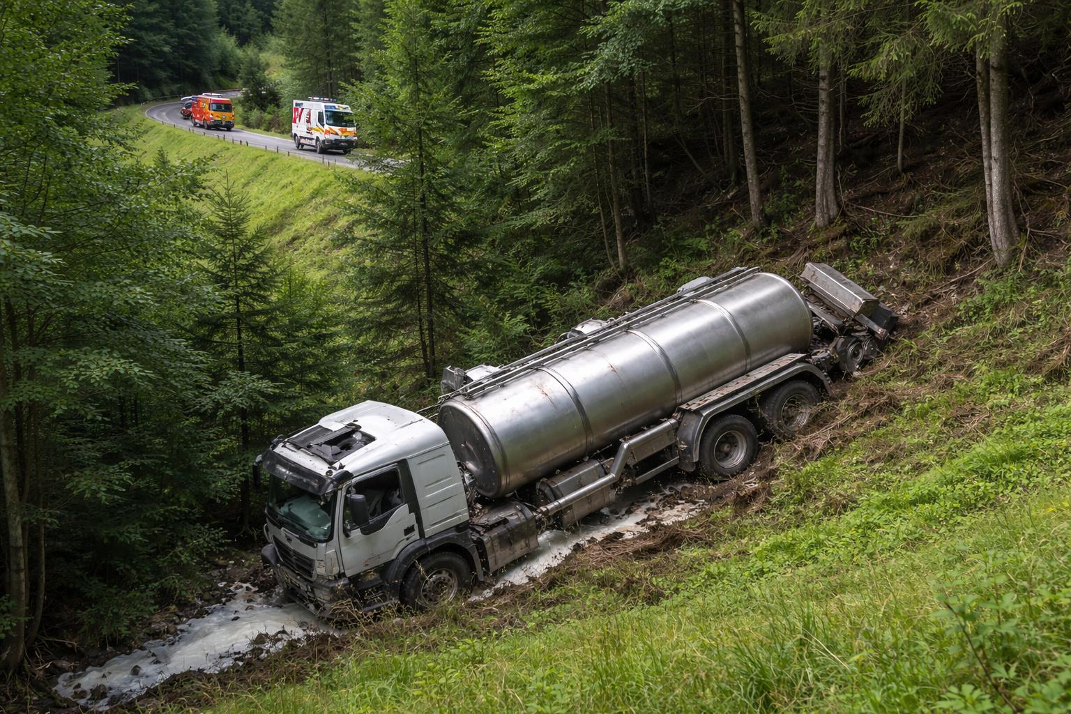 Redaktionelle Szene zum Thema „Milchwagen stürzt in Egg Böschung hinunter – Fahrer verletzt“