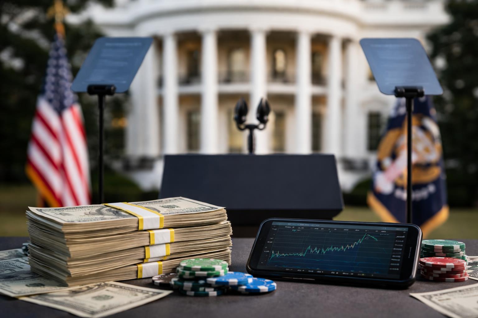 Redaktionelle Szene zum Thema „Mitarbeiter des Weißen Hauses soll mit Wetten auf Trump-Reden mehr als 100.000 Dollar verdient haben“