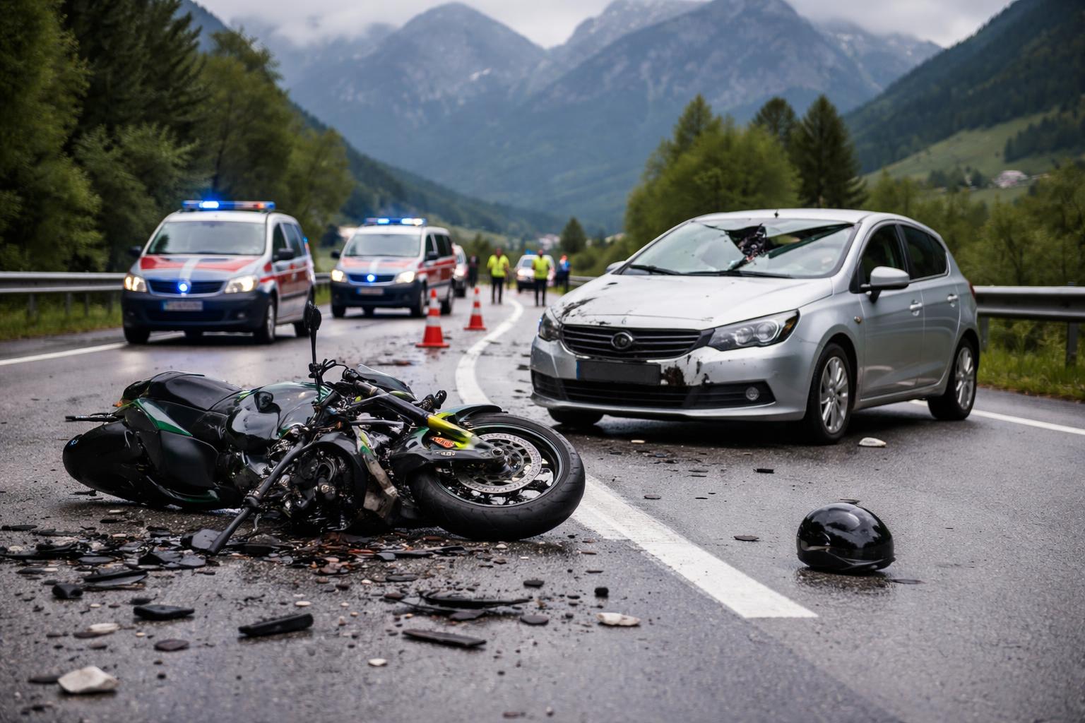 Redaktionelle Szene zum Thema „Motorradfahrer in Saalfelden nach Kollision über Auto geschleudert“