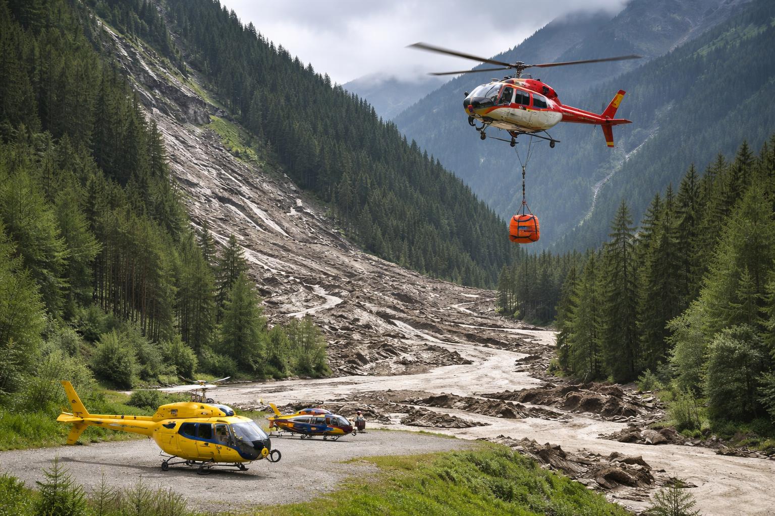 Redaktionelle Szene zum Thema „Nach Muren im Kaunertal werden rund 200 Ausflugsgäste mit Hubschraubern ausgeflogen“