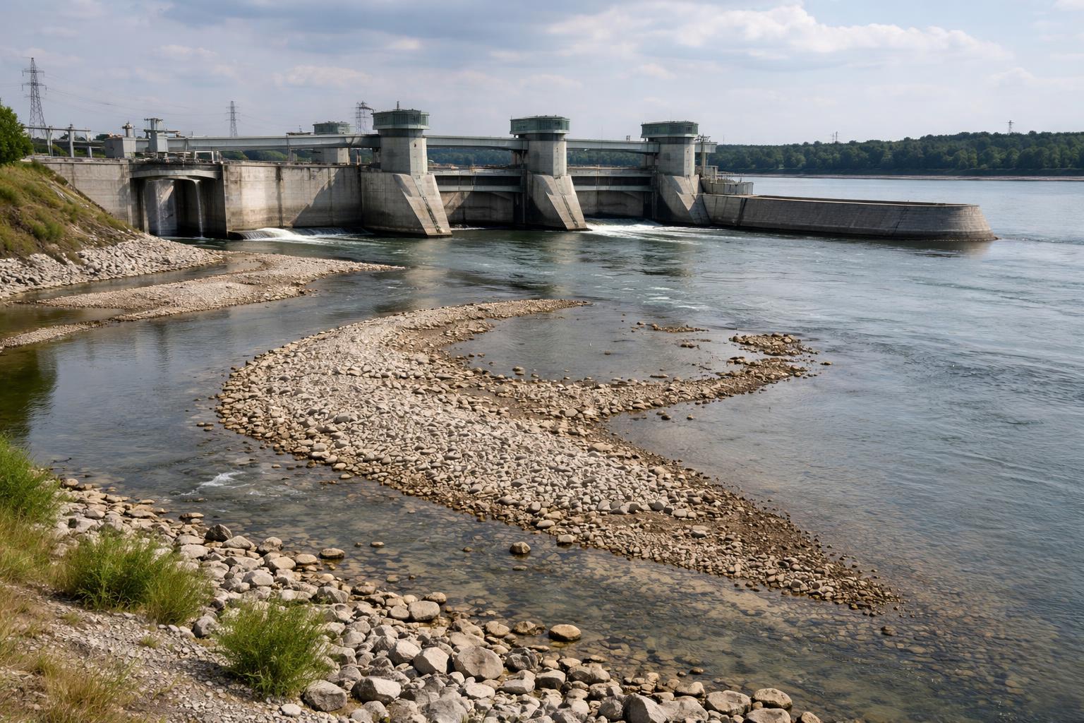 Redaktionelle Szene zum Thema „Niedrigwasser bremst Kraftwerk Freudenau aus“