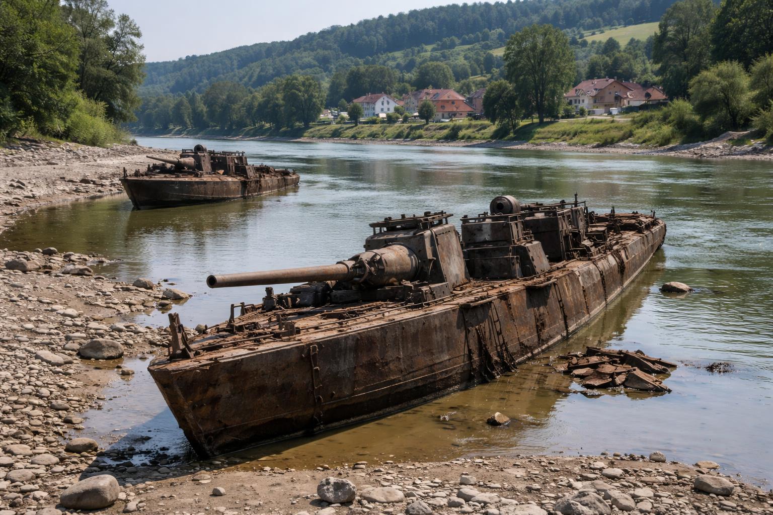 Redaktionelle Szene zum Thema „Niedrigwasser legt Wracks deutscher Kriegsschiffe in der Donau frei“