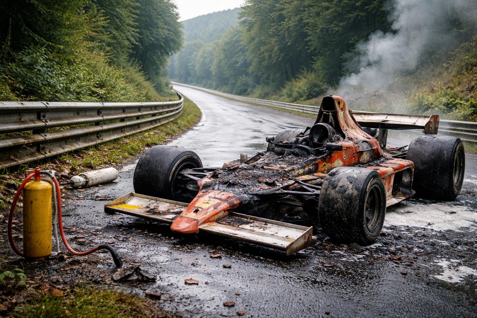 Redaktionelle Szene zum Thema „Niki Laudas schwerer Nürburgring-Unfall jährt sich zum 50. Mal“