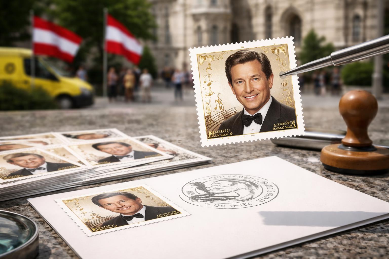Redaktionelle Szene zum Thema „Österreich ehrt Peter Alexander mit Sonderbriefmarke zum 100. Geburtstag“