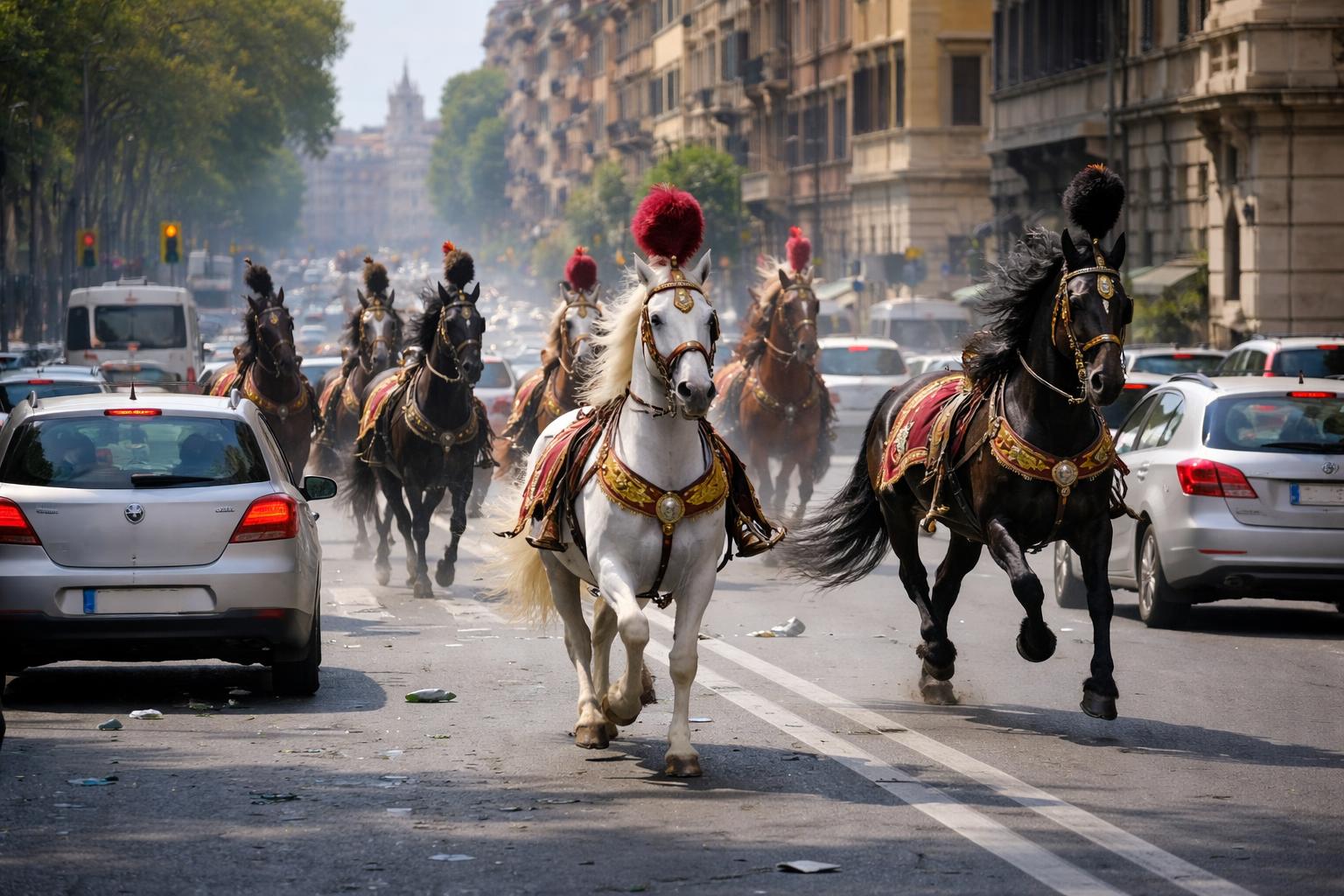 Redaktionelle Szene zum Thema „Paradepferde flüchten in Rom über Verkehrsachse und lösen Chaos aus“