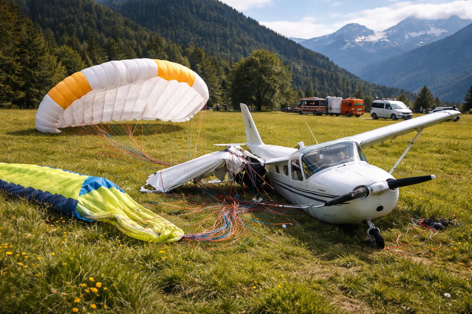 Redaktionelle Szene zum Thema „Paragleiterin kollidiert mit Kleinflugzeug und landet unverletzt“