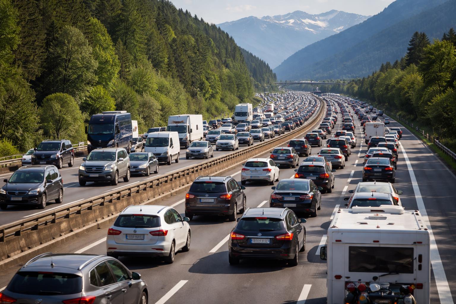 Redaktionelle Szene zum Thema „Pfingstwochenende beginnt mit langen Staus auf Österreichs Transitrouten“
