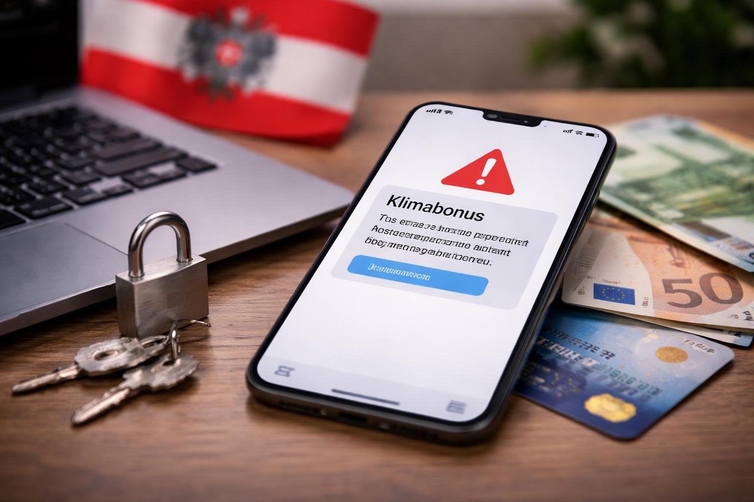 Redaktionelle Szene zum Thema „Phishing-SMS lockt mit angeblichem Klimabonus“