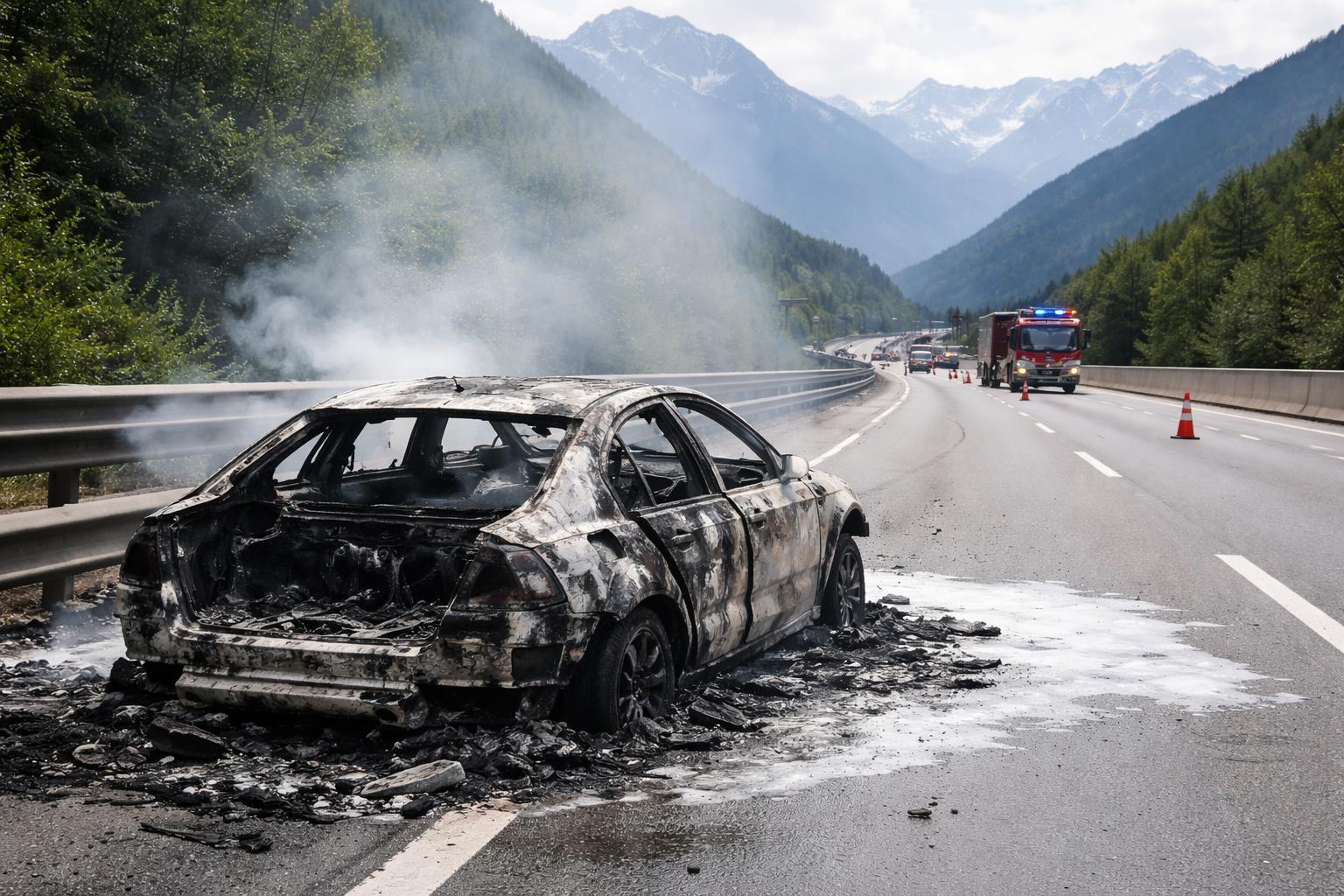 Redaktionelle Szene zum Thema „Pkw brannte auf der A12 bei Langkampfen völlig aus“