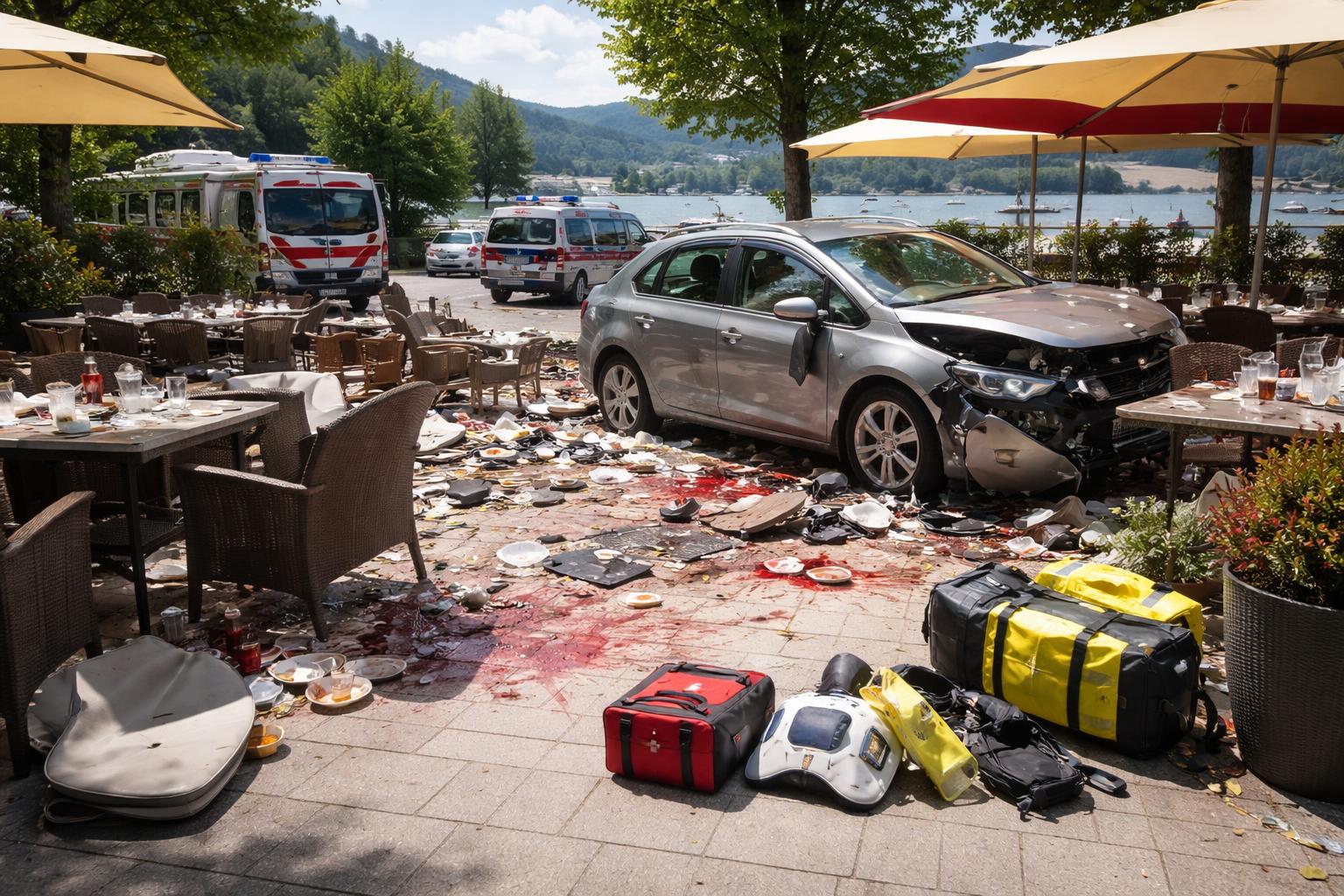 Redaktionelle Szene zum Thema „Pkw fährt in Gastgarten in Velden: Elf Verletzte, zwei davon schwer“