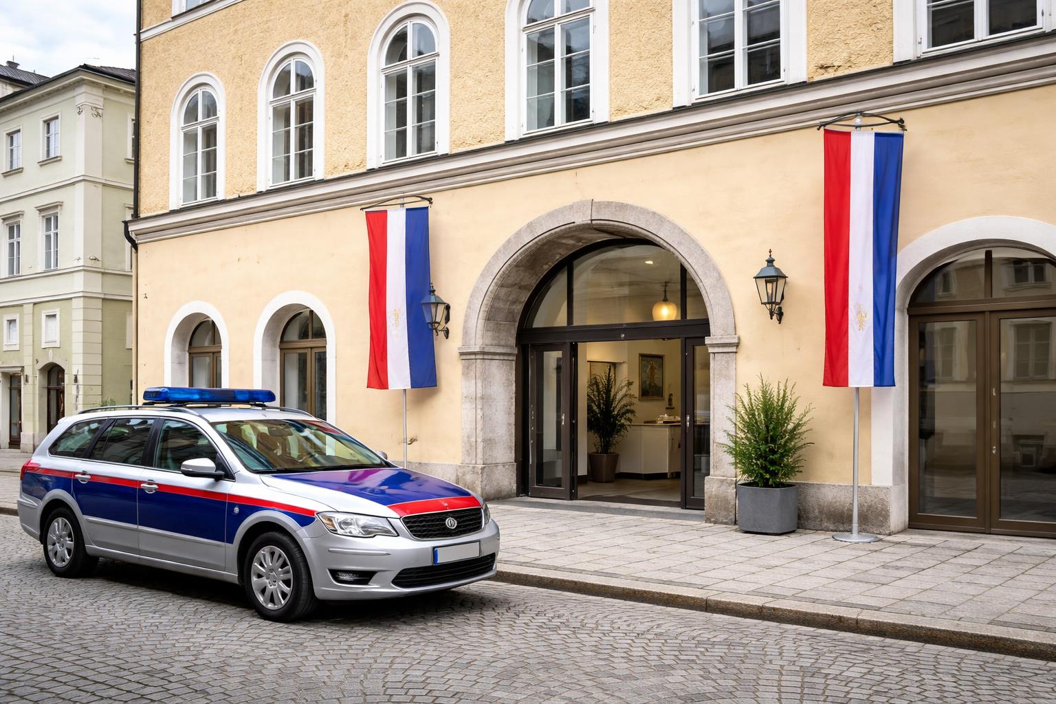 Redaktionelle Szene zum Thema „Polizeistation im Braunauer Geburtshaus Adolf Hitlers eröffnet“
