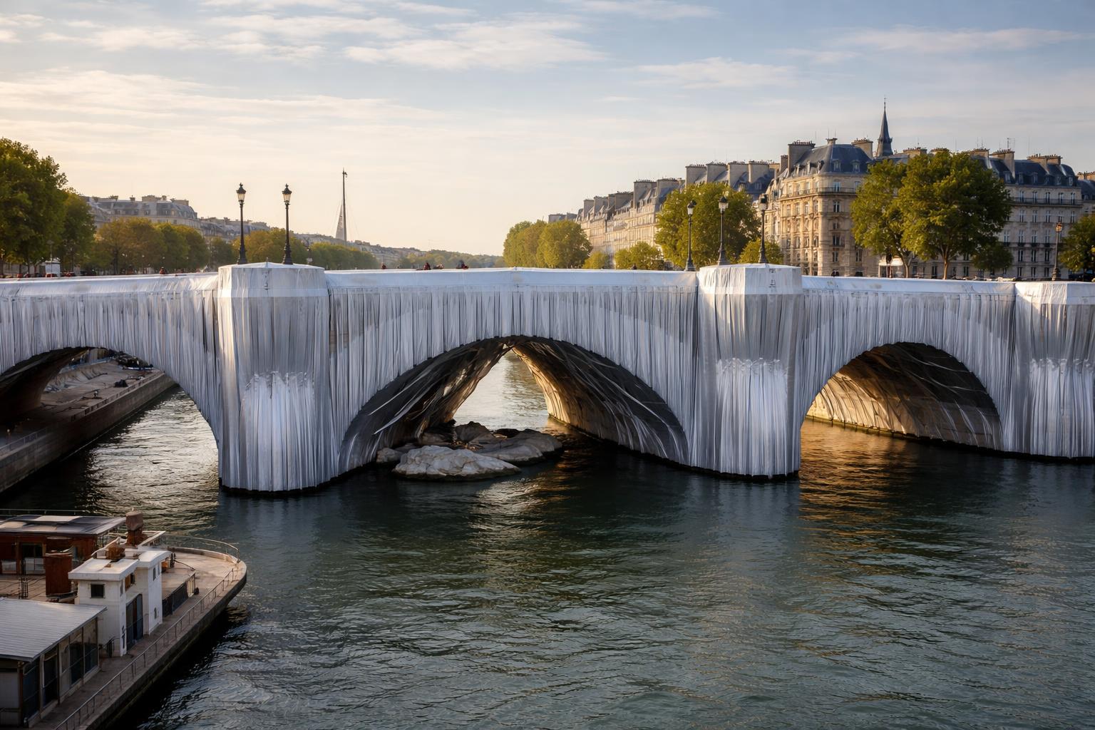 Redaktionelle Szene zum Thema „Pont Neuf in Paris wird zum Kunstprojekt in Gedenken an Christo“