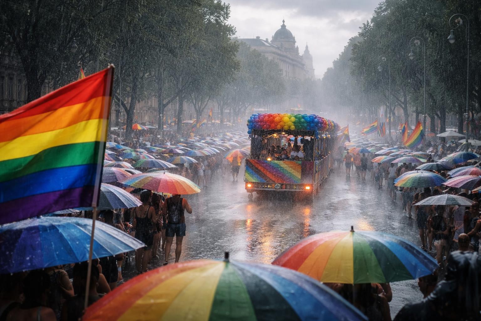 Redaktionelle Szene zum Thema „Regen kann Pride-Feier in Wien nicht stoppen“