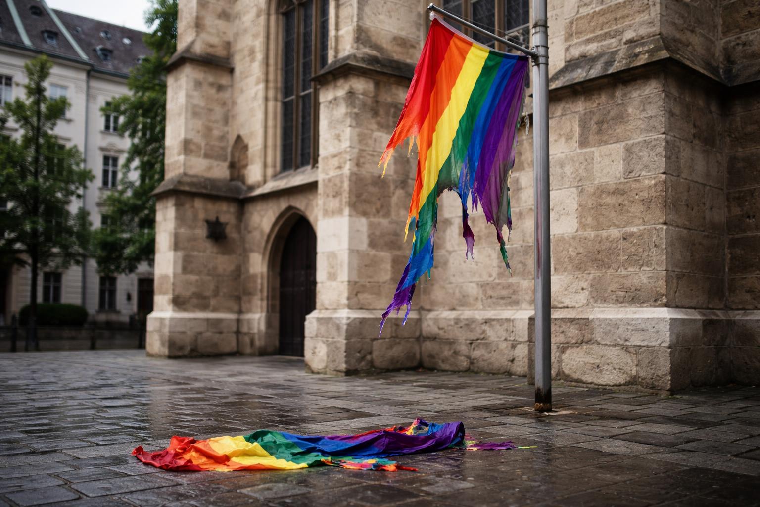 Redaktionelle Szene zum Thema „Regenbogenfahne an Wiener Pfarre erneut zerstört“