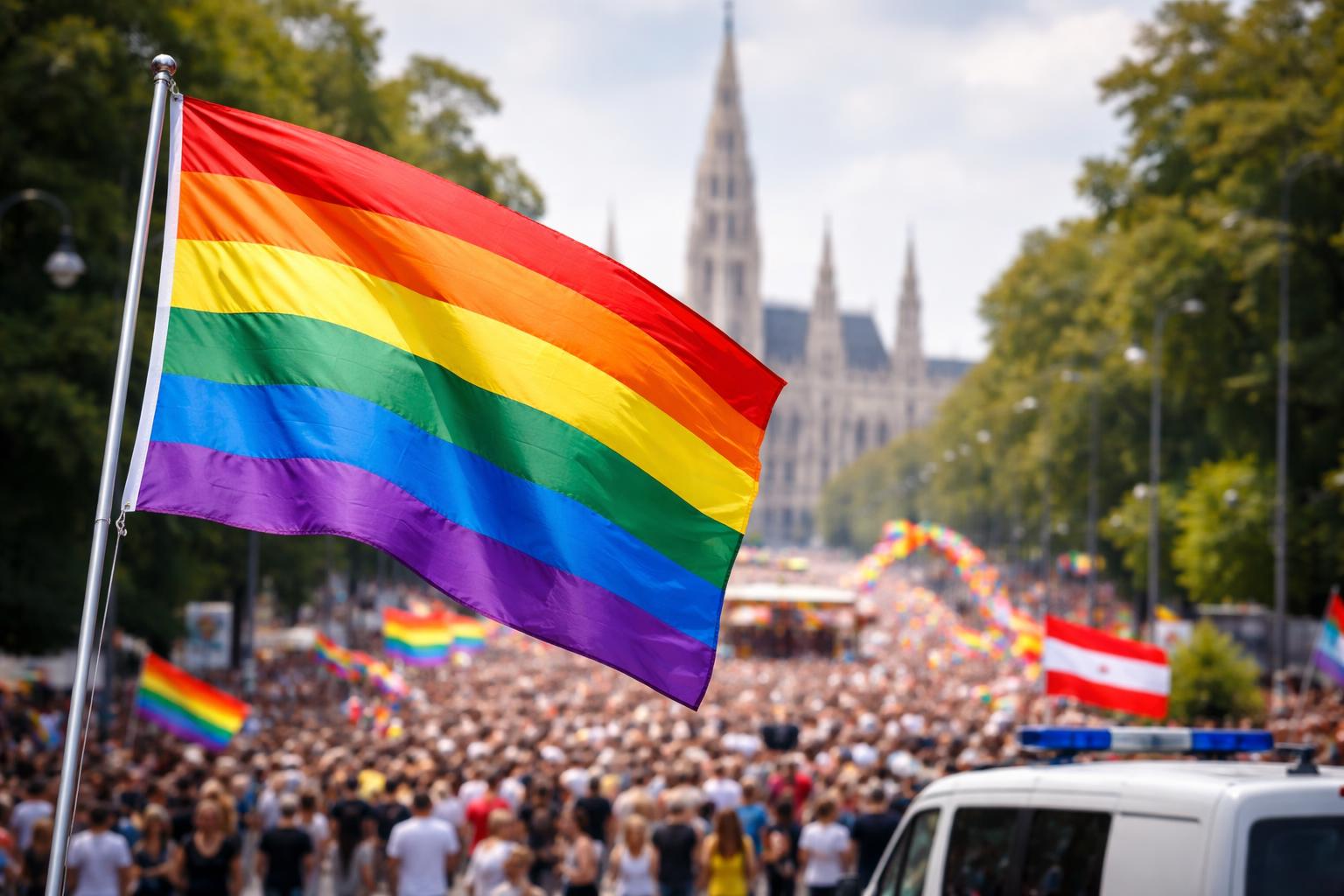 Redaktionelle Szene zum Thema „Regenbogenparade und Regenbogenfahne polarisieren die Wählerschaften“