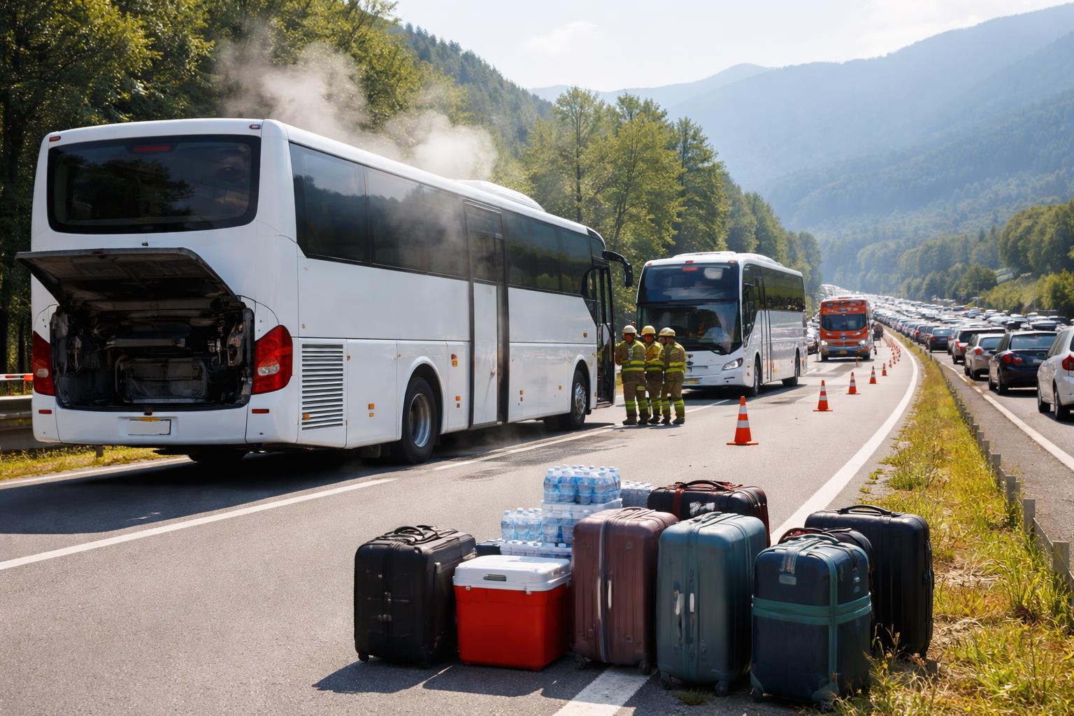 Redaktionelle Szene zum Thema „Reisebus auf A14 bei Wolfurt wegen Hitze evakuiert“