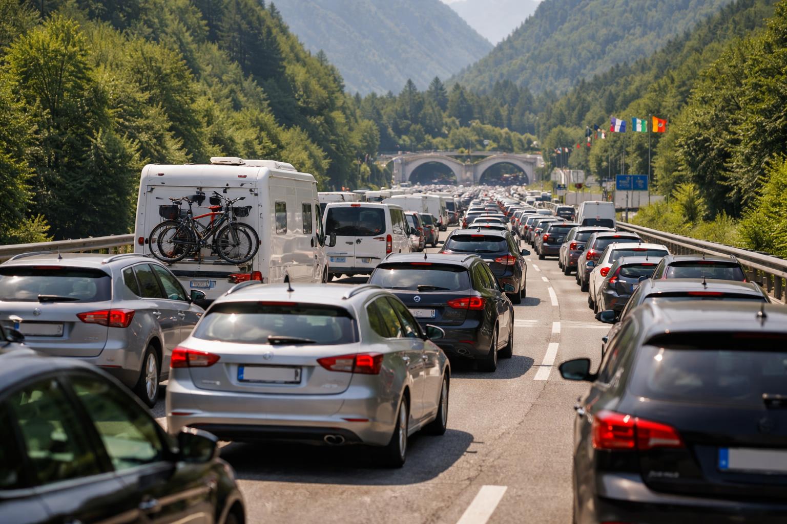 Redaktionelle Szene zum Thema „Reisewelle sorgt für lange Staus Richtung Slowenien und Italien“