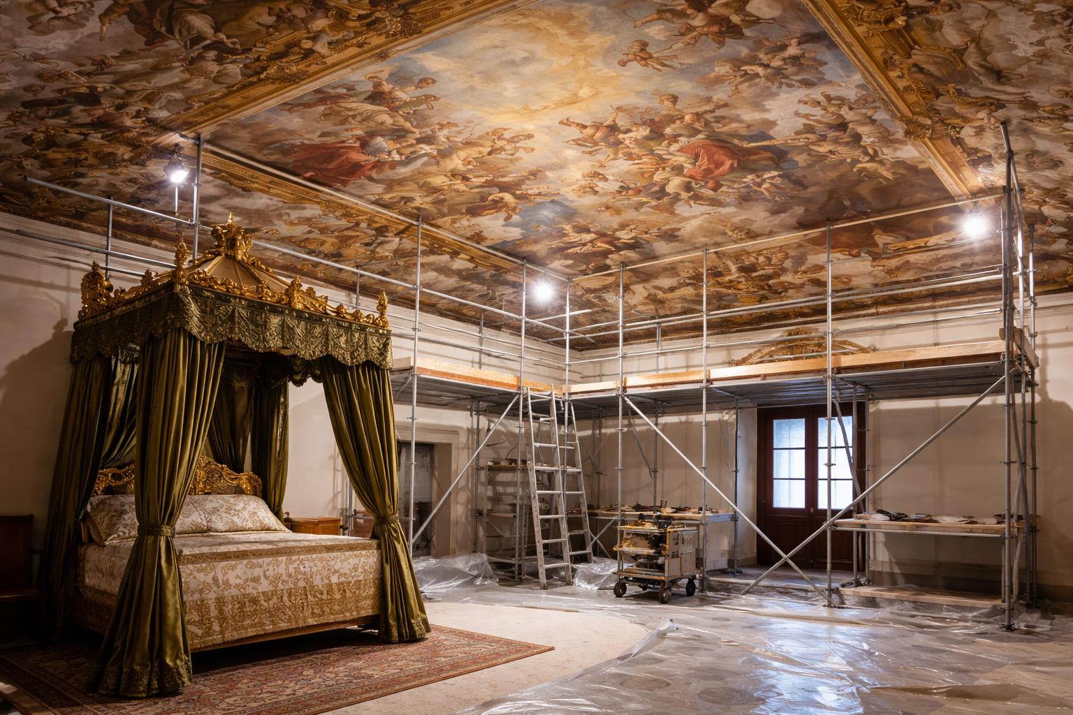 Redaktionelle Szene zum Thema „Renovierung legt Deckengemälde von 1668 im Schloss Eggenberg frei“