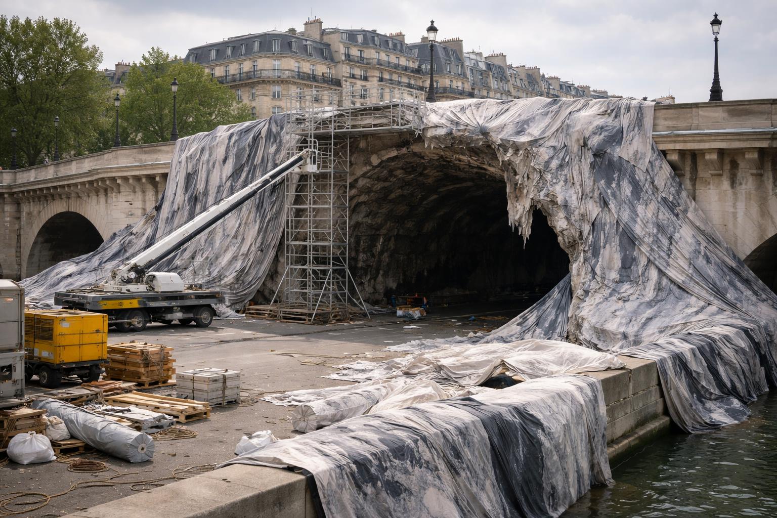 Redaktionelle Szene zum Thema „Reparaturen an JR-Installation auf dem Pont Neuf laufen an“