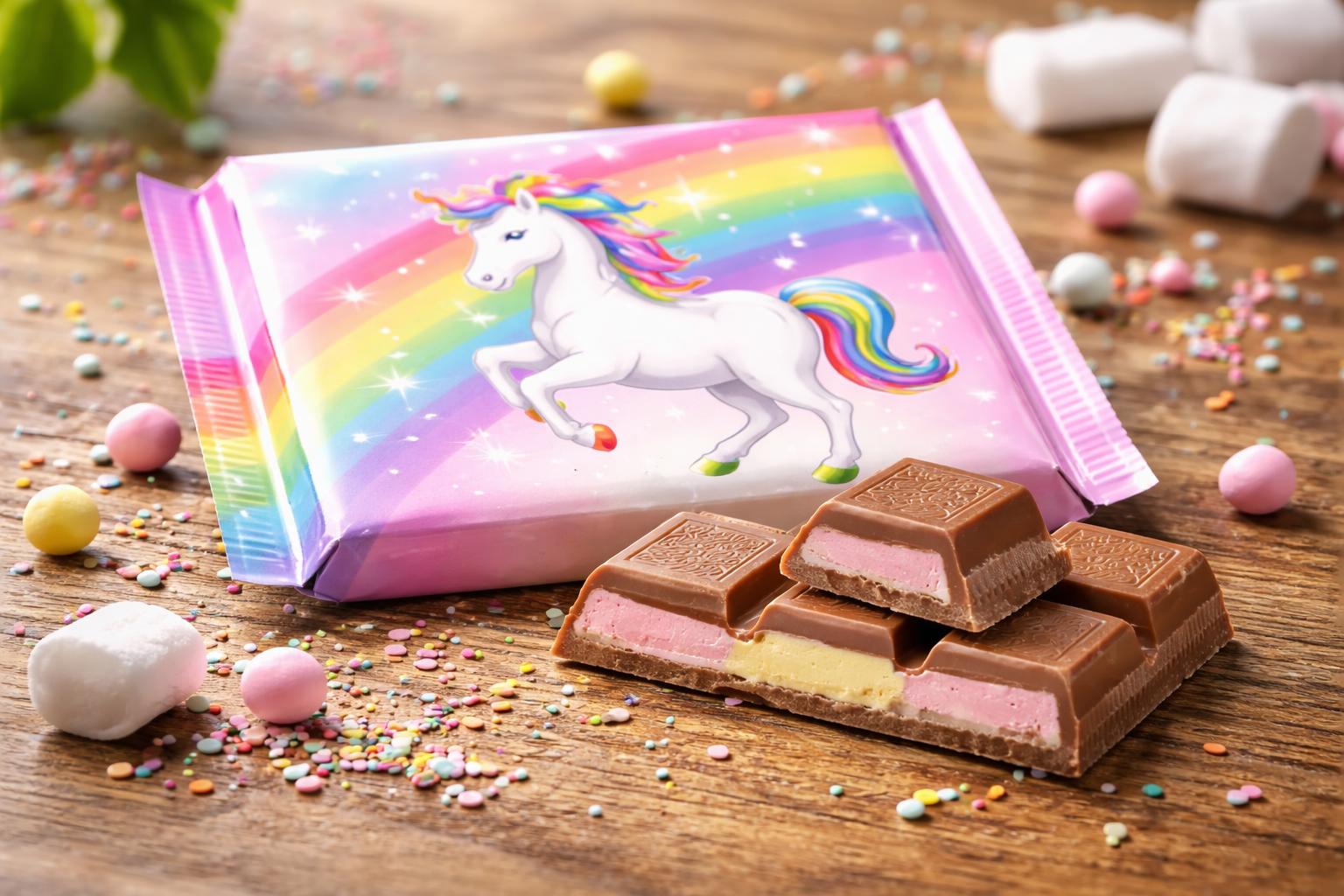 Redaktionelle Szene zum Thema „Ritter Sport bringt Einhorn-Schokolade mit neuer Rezeptur zurück“