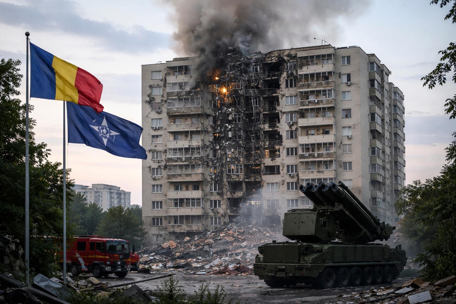 Redaktionelle Szene zum Thema „Russische Drohne trifft Wohnhochhaus in Rumänien, zwei Verletzte“