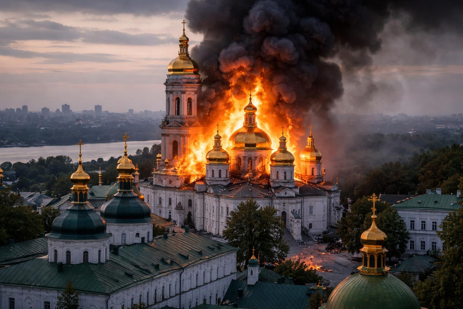 Redaktionelle Szene zum Thema „Russland greift Kiew an: Hauptkirche im Höhlenkloster in Flammen“