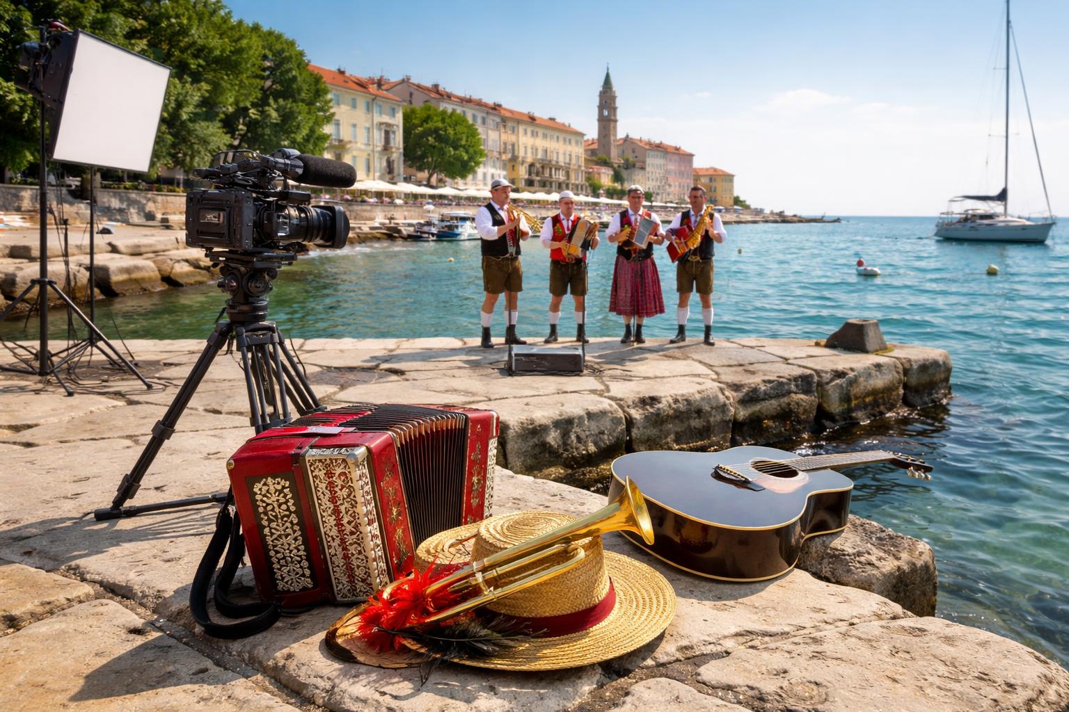 Redaktionelle Szene zum Thema „Sašo Avsenik dreht an der Adria ein Video für neue Polka“