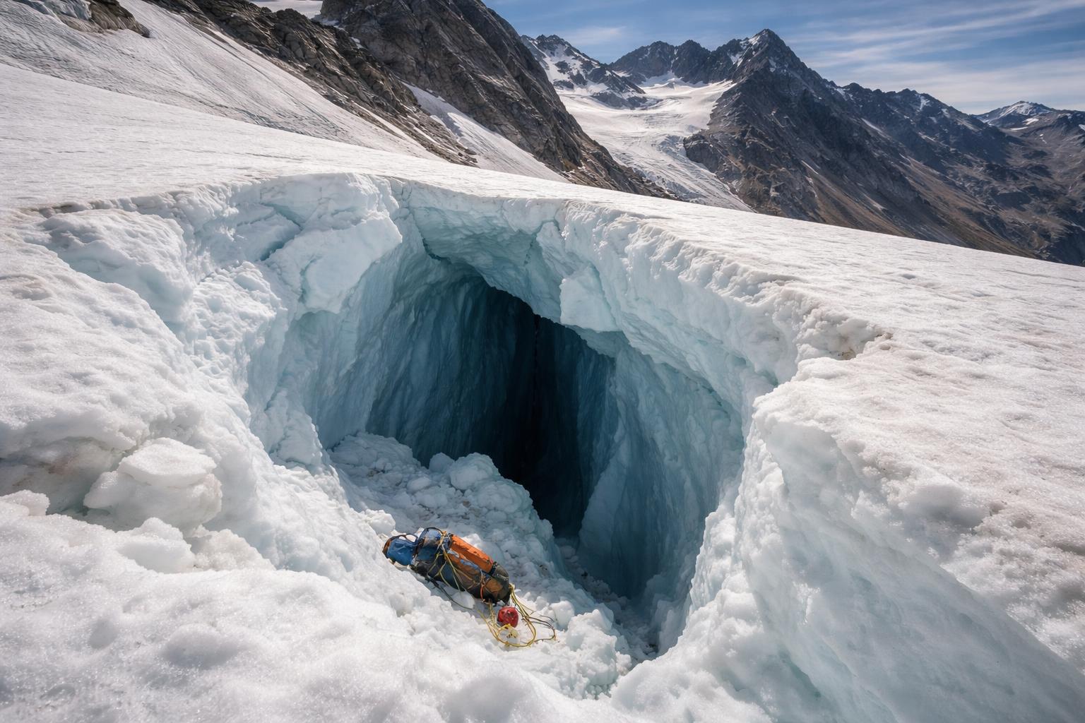Redaktionelle Szene zum Thema „Schneebrücke bricht bei Abstieg von der Hinteren Schwärze – Alpinist stürzt in Gletscherspalte“