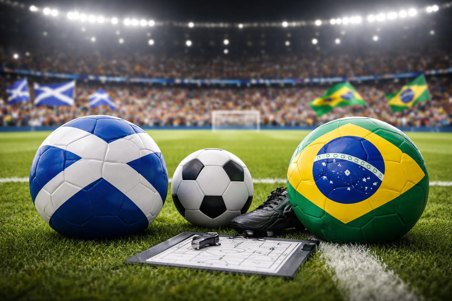 Redaktionelle Szene zum Thema „Schottland trifft bei der WM auf Brasilien: Live-Stand und Einordnung“