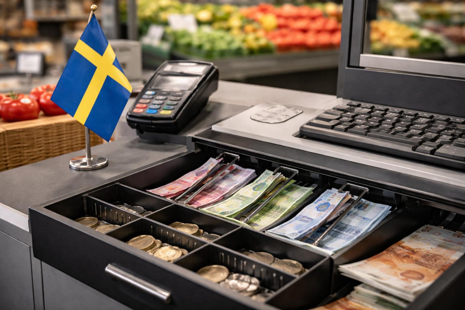 Redaktionelle Szene zum Thema „Schweden verpflichtet Lebensmittelgeschäfte und Apotheken wieder zur Bargeldannahme“