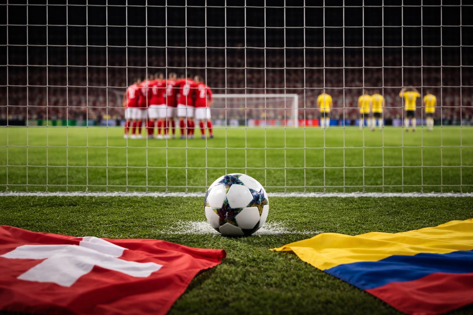 Redaktionelle Szene zum Thema „Schweiz setzt sich im Elfmeterschießen gegen Kolumbien durch und steht im Viertelfinale“
