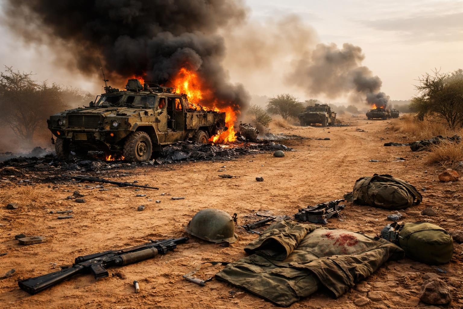 Redaktionelle Szene zum Thema „Schwerer Angriff auf Militärkonvoi in Mali: Dutzende Soldaten getötet und gefangen genommen“