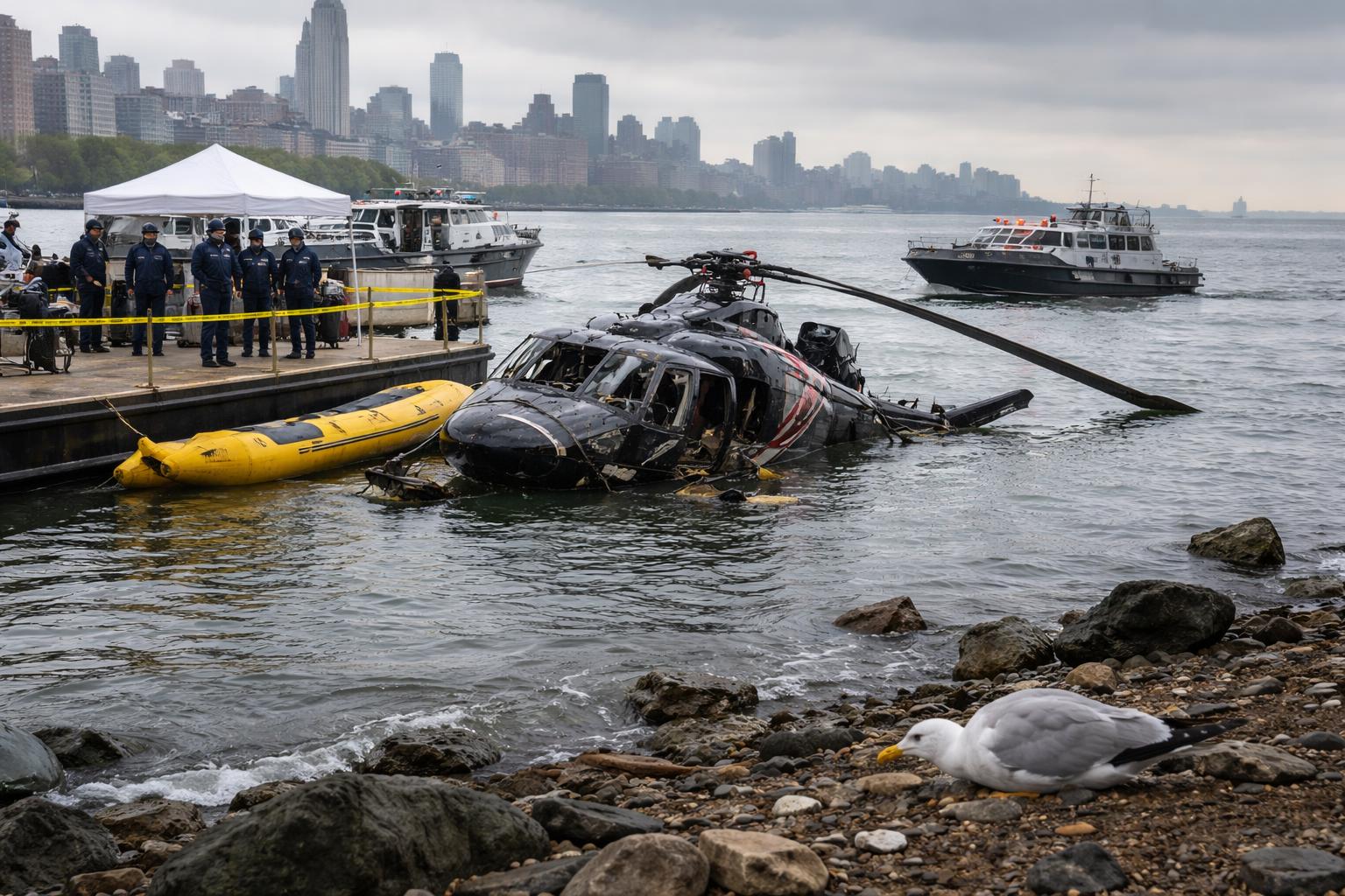 Redaktionelle Szene zum Thema „Sechs Tote bei Helikopterabsturz im Hudson River: Ermittler sehen Vogelschlag als Ursache“