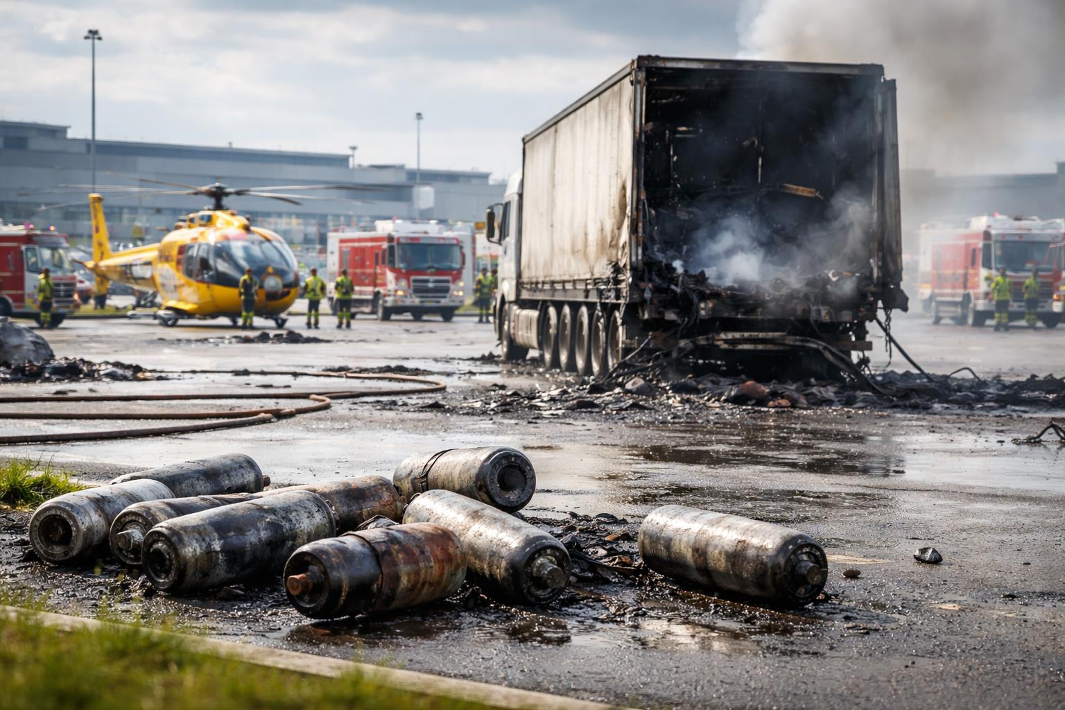 Redaktionelle Szene zum Thema „Sieben Lkw-Fahrer bei Explosion am Flughafen Hörsching verletzt“