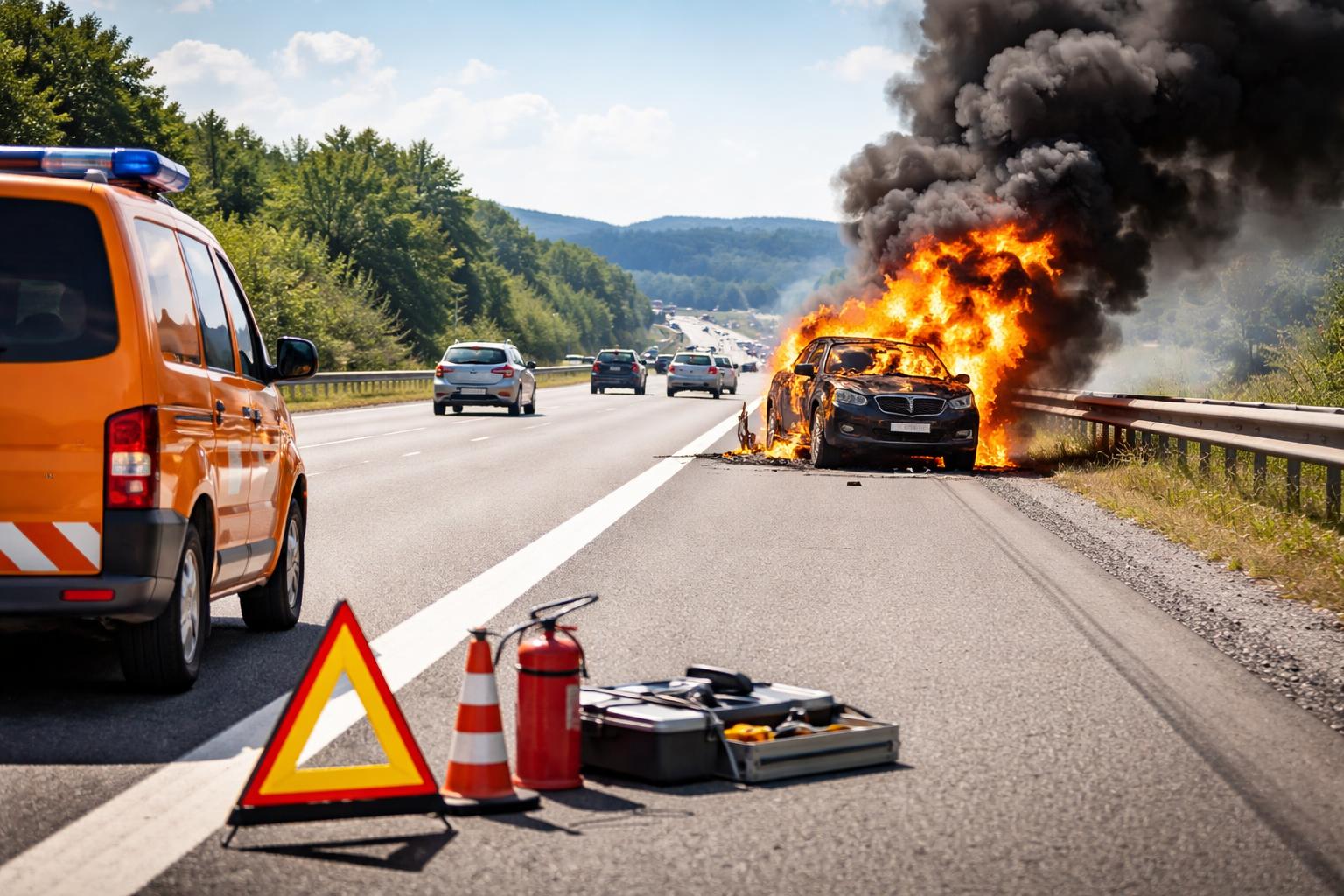 Redaktionelle Szene zum Thema „Sommerhitze erhöht Brandgefahr auf Österreichs Autobahnen“