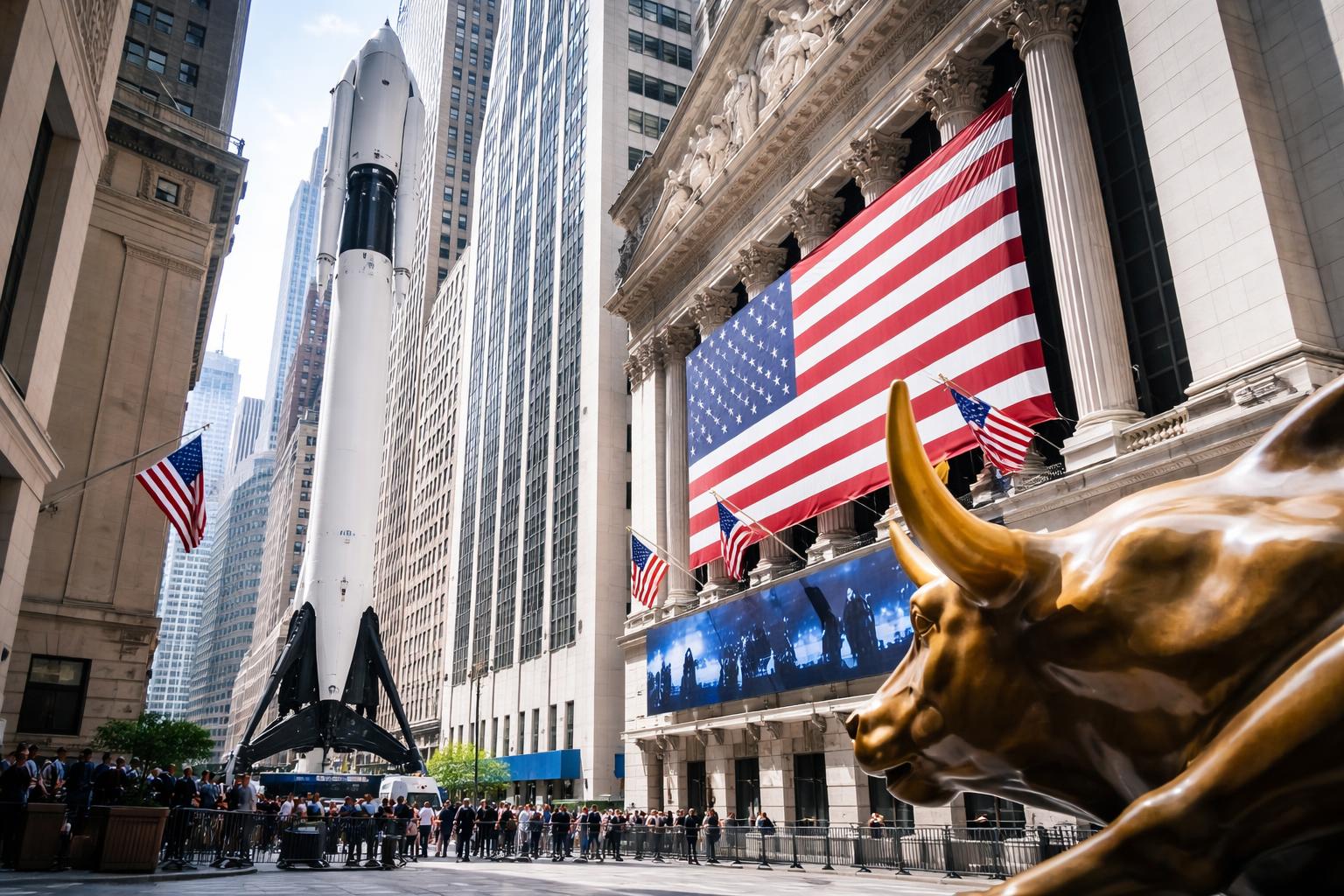Redaktionelle Szene zum Thema „SpaceX feiert spektakuläres Börsendebüt in New York“