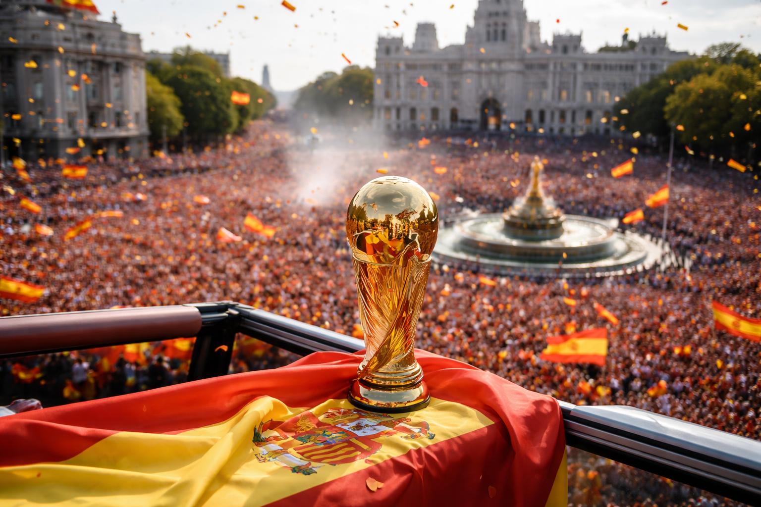 Redaktionelle Szene zum Thema „Spaniens Weltmeister feiern in Madrid vor Hunderttausenden“