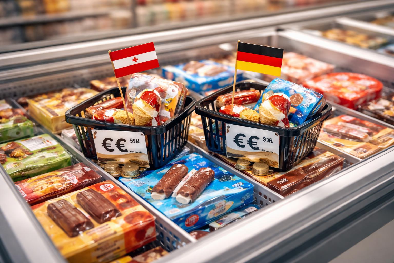 Redaktionelle Szene zum Thema „Speiseeis im Supermarkt kostet in Österreich oft deutlich mehr als in Deutschland“