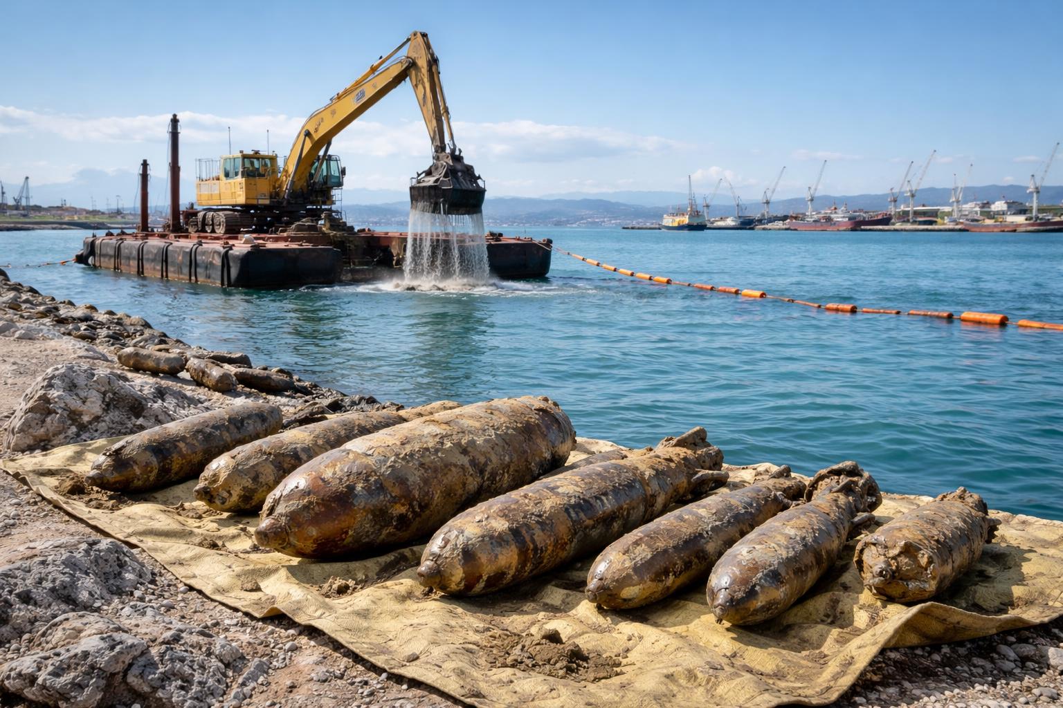 Redaktionelle Szene zum Thema „Sprengstofffunde verzögern Baggerarbeiten im Hafen von Monfalcone“