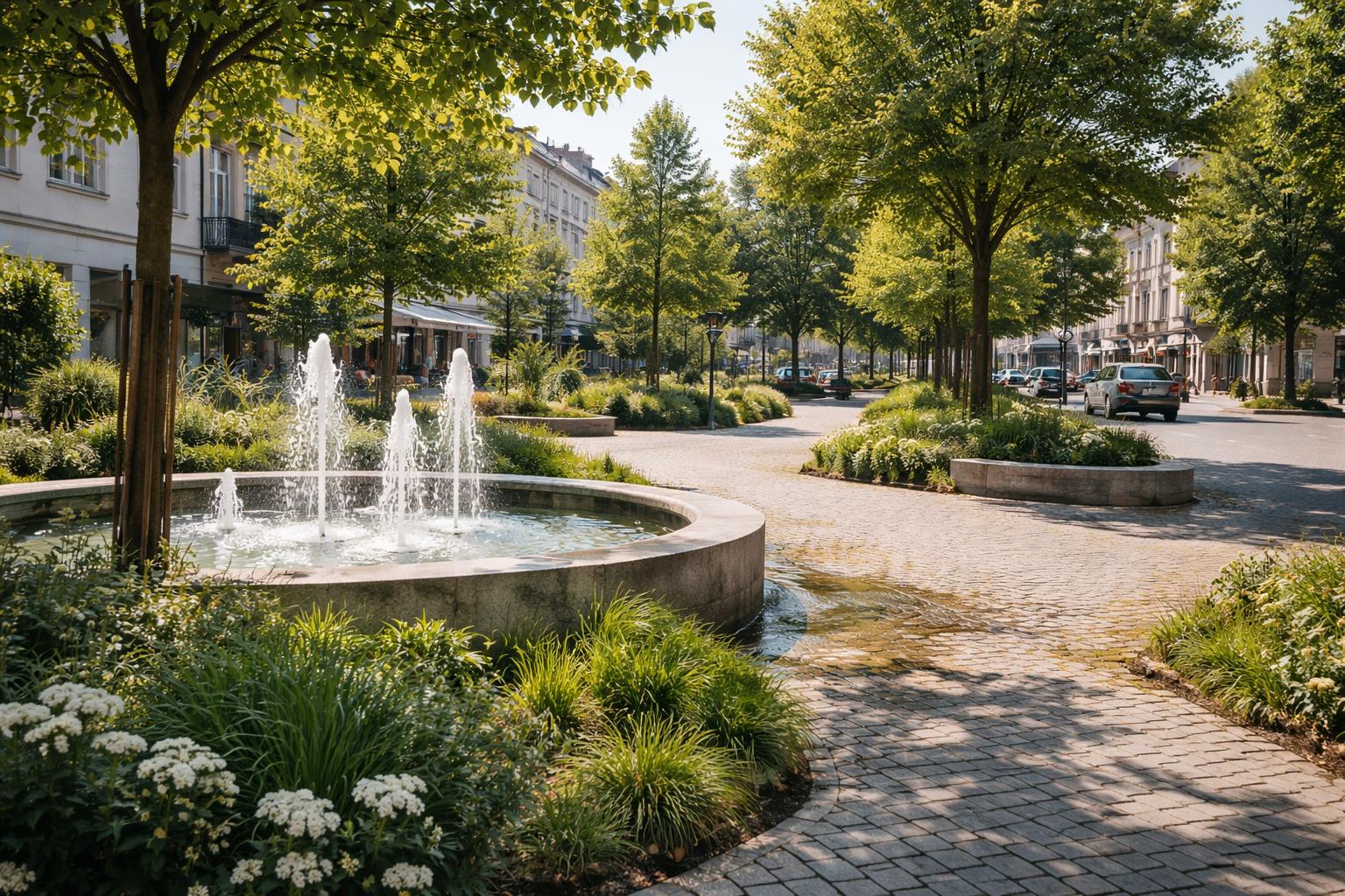 Redaktionelle Szene zum Thema „Städte rüsten mit Bäumen, Brunnen und Entsiegelung gegen Hitze auf“